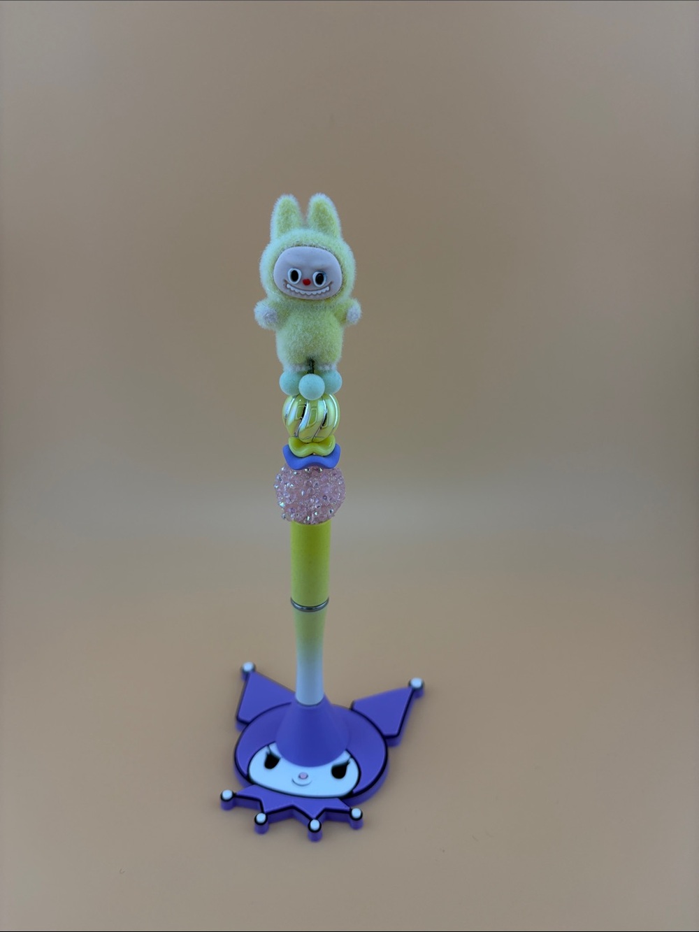 Yellow Bunny Beaded Kids Toy Pen with Purple Character Stand